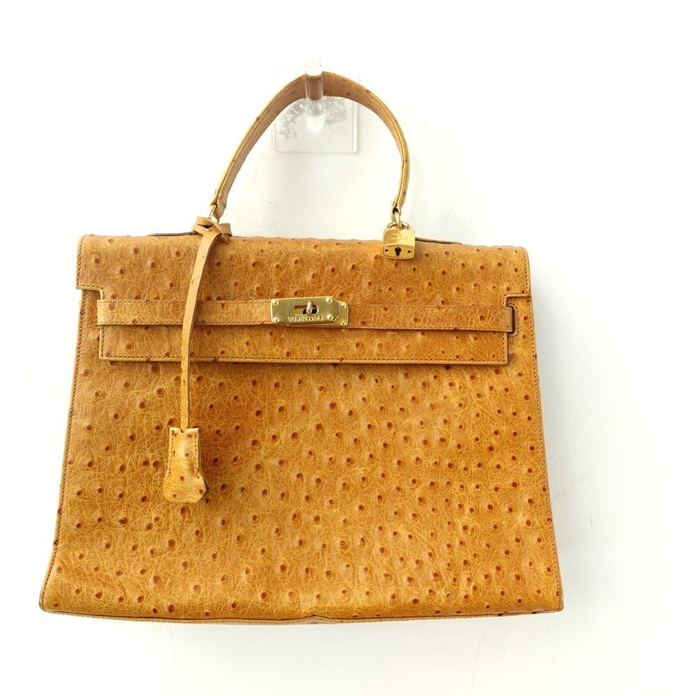 VALENTINO Bag Leather Beige Exotic Satchel V Logo Crossbody Padlock Ostrich RARE